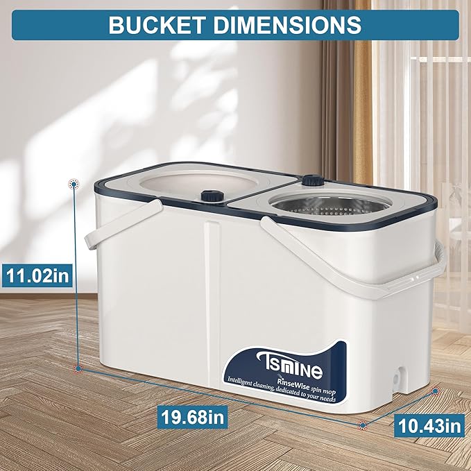 Gen 1 Large-Capacity Spin Mop and Bucket – for Big Homes & Deep Cleaning Days,4-Chamber System Separates Dirty & Clean Water, 2-GAL Heavy-Duty Design with Wheels & 8 Refill Mop Heads - White/Blue