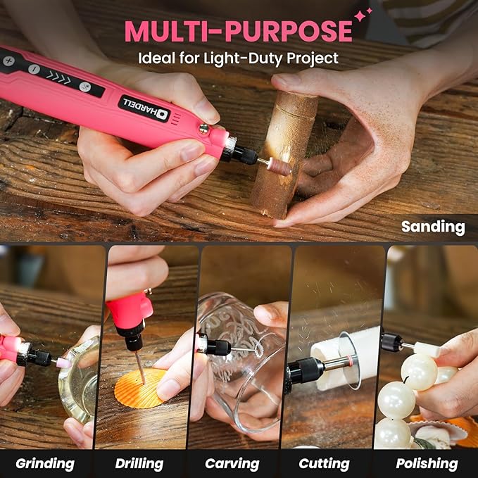 HARDELL Mini Cordless Rotary Tool, 5-Speed 3.7V Rechargeable Rotary Tool Kit with 69 Accessories, USB Charging Multi-Purpose DIY Tool for Sanding, Polishing, Drilling, Engraving(Pink 69pcs)