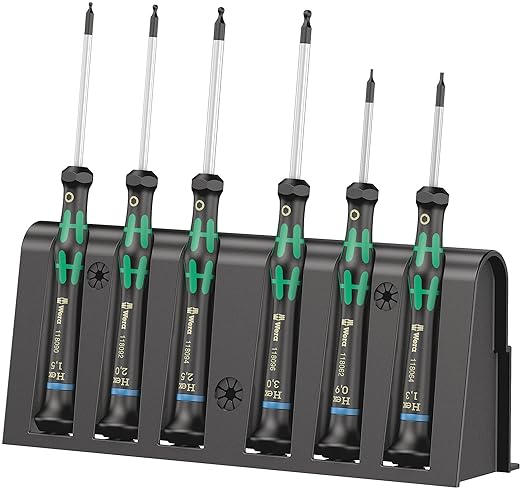 Wera 2052/6 Kraftform Micro Ballhead Hexagon Electronics Screwdriver Set and Rack, 6-Piece