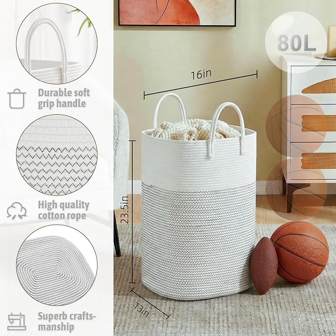 Laundry Basket,Woven Cotton Rope Laundry Hamper,Versatile Storage for Dirty Clothes,Baby Toys,and Blankets in Bathroom, Nursery,and Living Room (White, 80L)