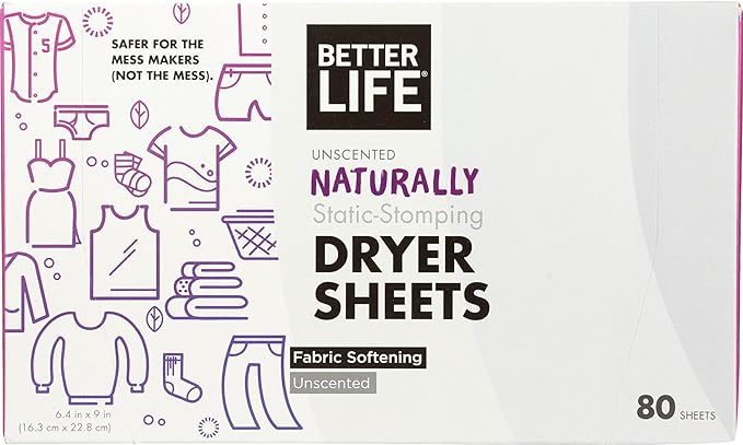 Better Life Natural Dryer Sheets, Unscented, 80 ct Pack of 6