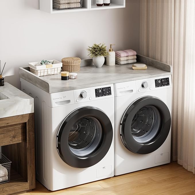 Washer Dryer Countertop, 54.3" x 27.6" Wooden Laundry Countertop with Edge Rails, Washer and Dryer Topper for Laundry Room Organization and Storage