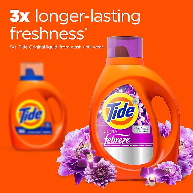 Tide Ultra Febreze Liquid Laundry Detergent, Spring and Renewal scent, 92 fl oz, 65 Loads, Laundry Detergent Liquid with All-Day Freshness