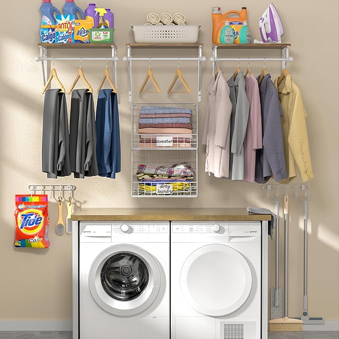 DAOUTIME 2 Set Laundry Room Wall Mounted Shelves With Wire Storage Baskets, Over Washer and Dryer With Hanging Rods and Hooks, for Organization and Storage, White, Wooden