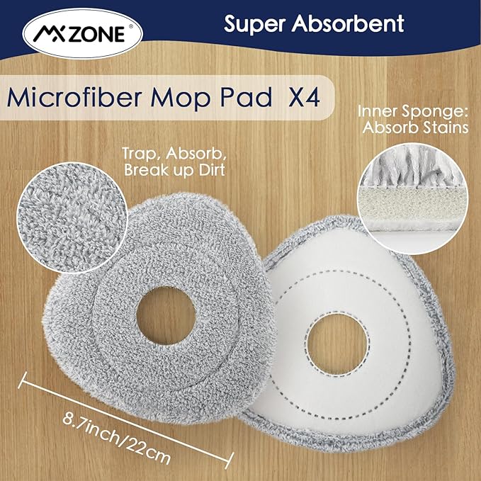 Spin Flat Mop Pad Replacement Compatible with O Cedar Mop Head Replace Flat Triangle Mop, Wet Damp Dry Sweeping Pads Washable, Microfiber, 4 Mopping Pads and 1 Mop Base