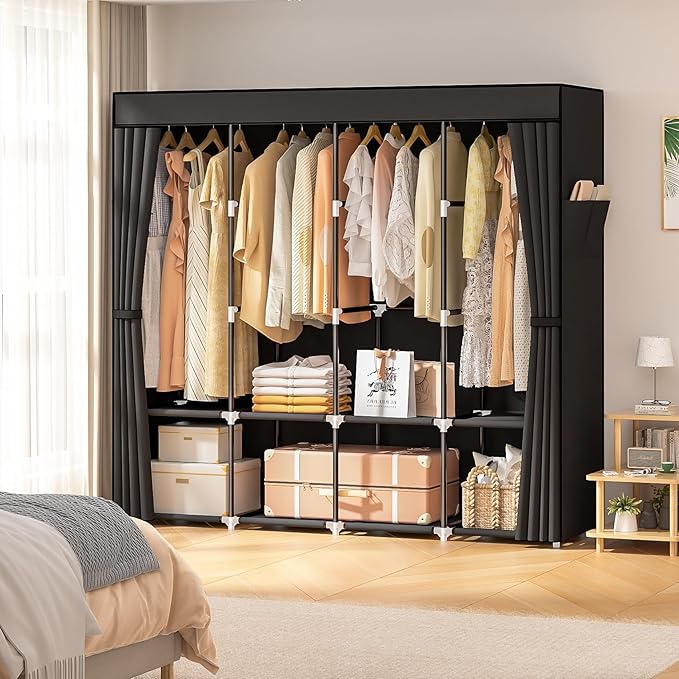 Neatrays Wardrobe Closet, 66 Inch Portable Closet for Hanging Clothes, Large Capacity Clothes Rack Organizer with Cover & 4 Hanging Rods & 8 Storage Shelves & 2 Side Pockets (Black)