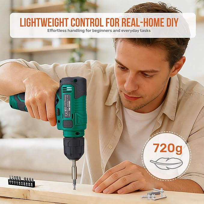 Hi-Spec 8V USB Power Drill Driver and Complete Home Tool Kit Set. Cordless & Rechargeable Electric Drill Driver and Compact Hand Toolbox Set, Green