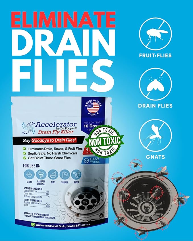 Drain Fly Killer Powder – Eliminates Drain Flies & Sewer Flies in Drains, Sinks, Showers – Fast-Acting Treatment - Septic Safe & Made in USA