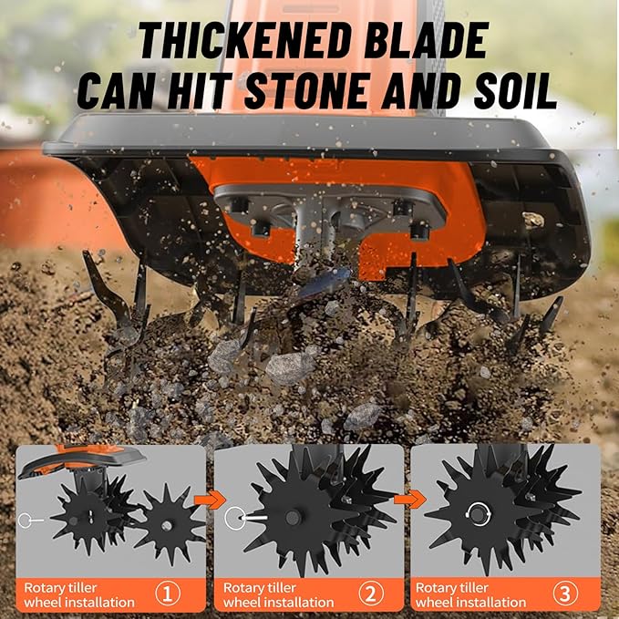 Electric Cordless Tiller Cultivator, Electric Garden Tiller for Lawn/Gardening/Soil Cultivation,360RPM, 9.06-in Width, 48 Steel Tines, (2 * 4.0Ah Batteries, Charger, Safety Gloves,Glasses)