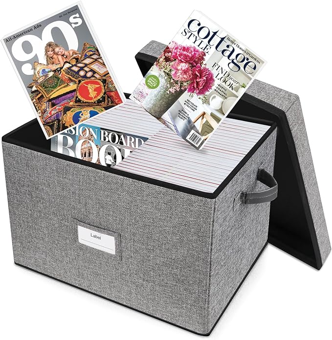 Lukeline Magazine Storage Box,Collapsible Fabric Magazine Holder with Handles, Stackable Magazine File Holder for Files, Books, Newspapers, Documents