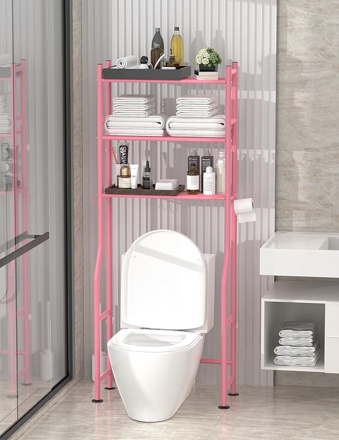 Livilord 3-Tier Over The Toilet Storage, Freestanding Metal Bathroom Shelves with 4 Hooks, Over Toilet Storage Shelf with Paper Holder, Above The Toilet Shelf for Bathroom Storage, Pink