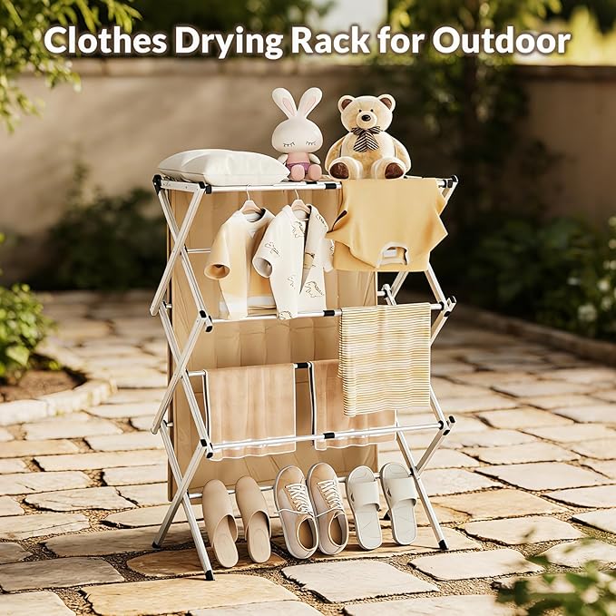 Clothes Drying Rack,Expandable Collapsible Heavy Duty Metal Laundry Standing Rack for Air Drying Clothing,3-Tier Portable Space Saving Clothing Rack for Laundry Indoor Outdoor(White)