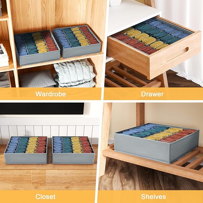 Joyoldelf Sock Drawer Organizer Divider Underwear Organizer 24-cell Fabric Dresser Drawer Organizers Storage Boxes for Socks Lingerie, Handkerchiefs, Ties 4 Pack (Grey)