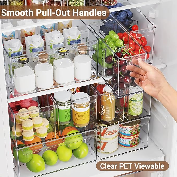 Clear Plastic Storage Bins with Dividers for Kitchen Pantry Organization, 3 Pack Thicken Stackable Storage Drawer Boxes for Refrigerator Cabinets Vanity Organizers and Storage, C6-1