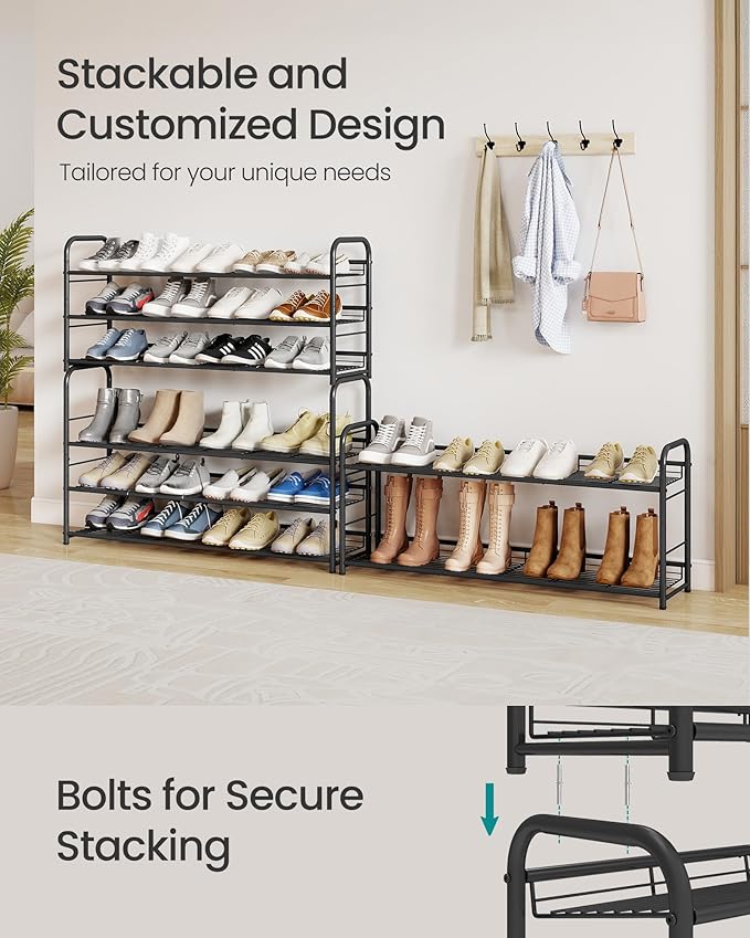 SONGMICS Stackable Shoe Rack, 3 Tier Metal Shoes Rack Storage Shelf, Holds up to 15 Pairs, Adjustable Slanted Shelves Tower Organizer for Closet Entryway Small Spaces, Black ULMR106BD01