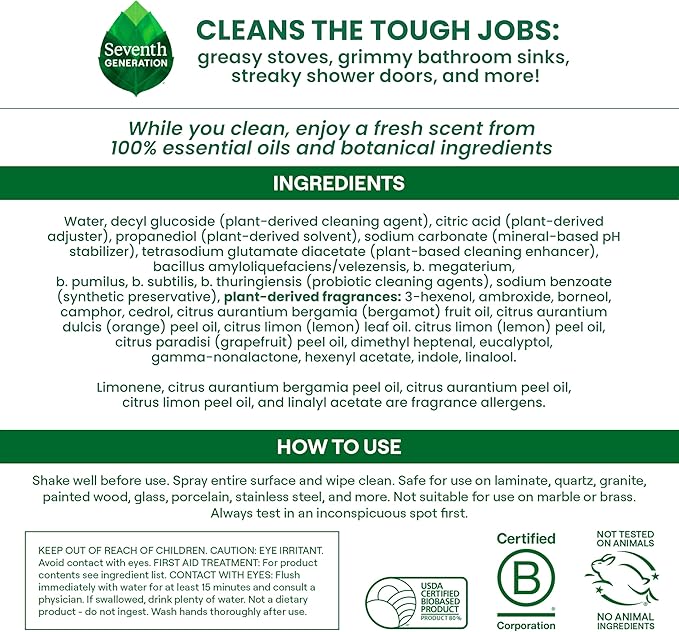 Seventh Generation Ultra Deep Probiotic Multi Surface Cleaner, 9.4 Fl Oz, Grapefruit & Orange, 80% USDA Biobased All Purpose Cleaning Spray, Breaks Down Tough Grease & Grime, Safe for Kids & Pets