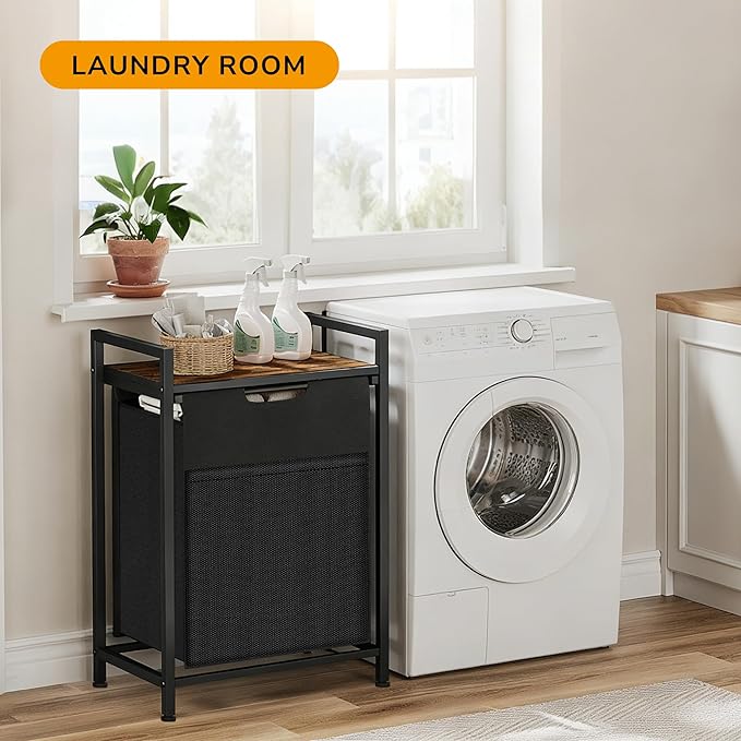 Laundry Hamper with Shelf, Laundry Basket with 1 Large Pull-Out Removable Bags, 1 x 18.3 Gallons(69L), Metal Frame, Lockable Wheels, for Laundry Room and Bedroom