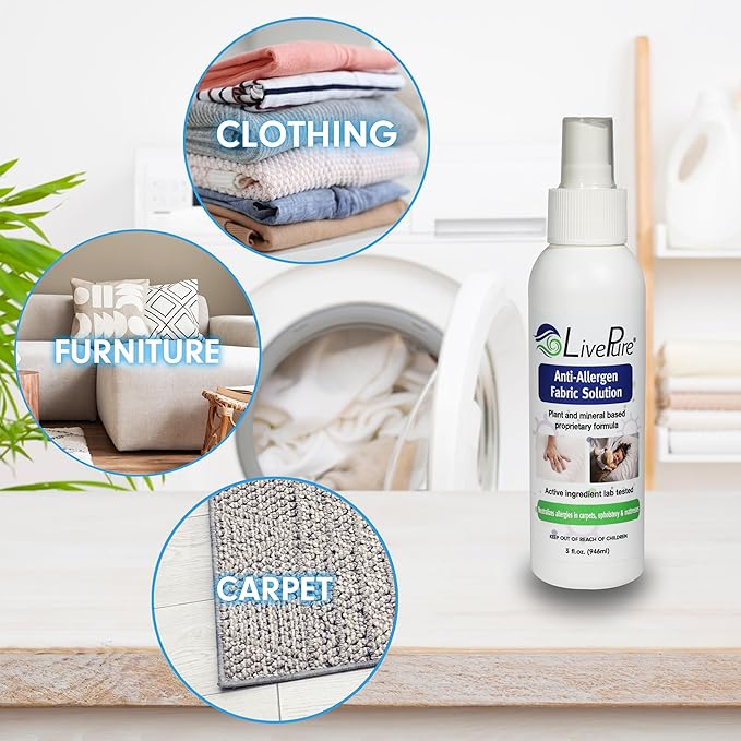 LivePure Anti-Allergen 3 OZ Fabric Spray for Household Surfaces. Plant-Based Allergy Spray for Dust Mites and Pet Dander. Fragrance Free - 5 Pack