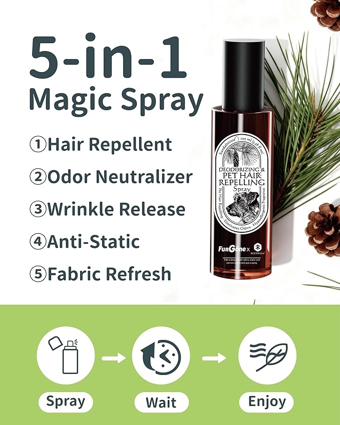 FurGone by Seedshub Pet Hair Repelling Spray, Odor Neutralizer | Anti-Static Wrinkle Release Pet-Friendly Sprays for Clothing and More, Pine Nut Scent, Up to 1400 Sprays, 3.38oz (2 Travel Pack)