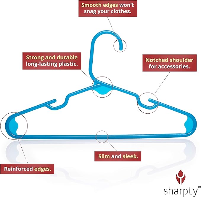 Sharpty Kids Plastic Hangers, Children's Hangers for Baby, Toddler, and Child Clothes - Everyday Standard Use - Ideal for Boys and Girls Closet, Clothing, Pants, Coats, and More - Blue, 40 Pack