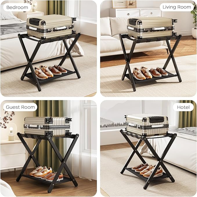 Fully Assembled Luggage Racks Set of 2, Bamboo Luggage Rack for Guest Room, Foldable Suitcase Stand with Fabric Storage Shelf for Bedroom, Hotel, Holds up to 165 lb, 26.77 x 16.93 x 22.5 Inches, Black