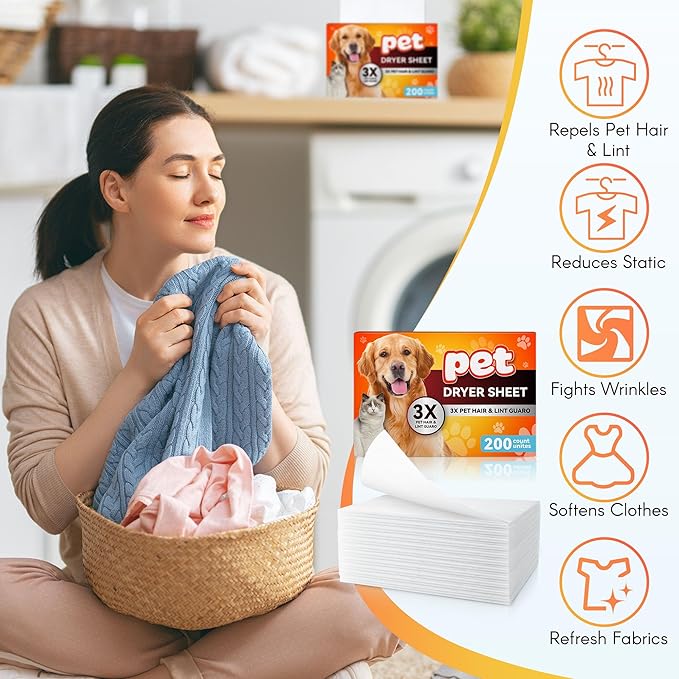 Pet Hair Remover for Laundry, Lint Dryer Sheets, 3 X Pet Hair Fighters, Reduces Static, Adds Softness(Unscented,200 Count)