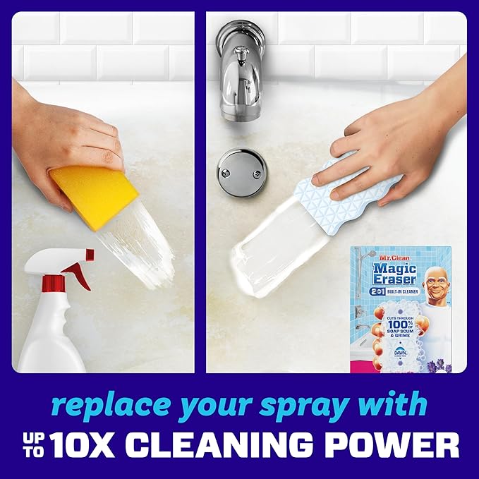 Mr. Clean Magic Eraser Sponge, Bathroom Cleaner, Shower Cleaner, Tub Cleaner, Soap Scum Remover, Bathroom Cleaning Supplies, Dawn Cleaning Power with Febreze Lavender Scent, 2 in 1 Bath, 7ct