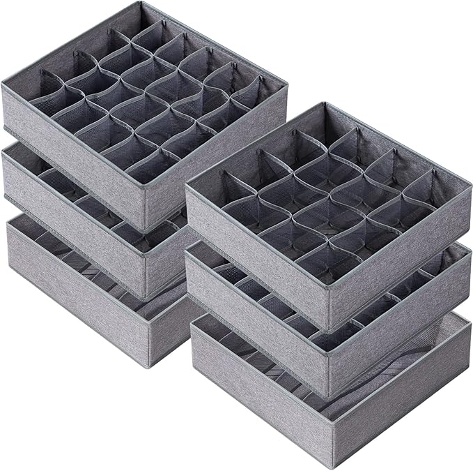 Criusia 6 Pack Large Drawer Organizer for Sock Underwear - Washable Heavy Duty Fabric Closet Organizers and Storage Bins - 90 Cells Dresser Organizer Divider for Baby Clothes, Ties, Belt (Grey)