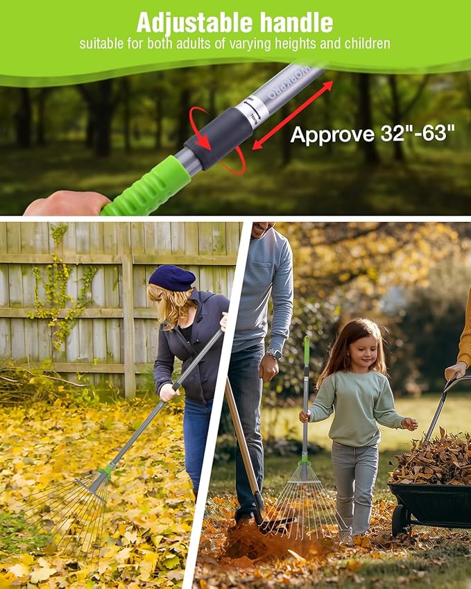 WORKPRO Leaf Rake for Gardening, Adjustable Metal Garden Rake for - Collapsible & Telescopic, Long Handle 32”- 63”, Heavy Duty Metal Rakes Tool for Garden, Yard, & Lawn
