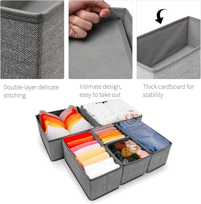 Criusia Foldable Underwear Drawer Organizer, Closet Dividers, Storage Box for Clothes, Socks (6 Bins, Gray)