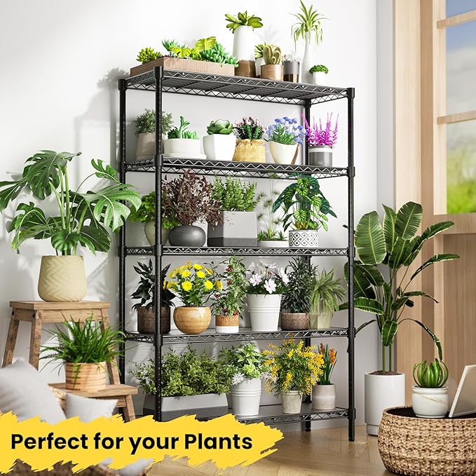 45" W Storage Shelves 5 Tier Wire Shelving, Adjustable Metal Shelving Unit with Shelf Liners, 1875LBS Heavy Duty Storage Rack for Garage Pantry Kitchen Commercial, 45" W x 16" D x 72" H, Black