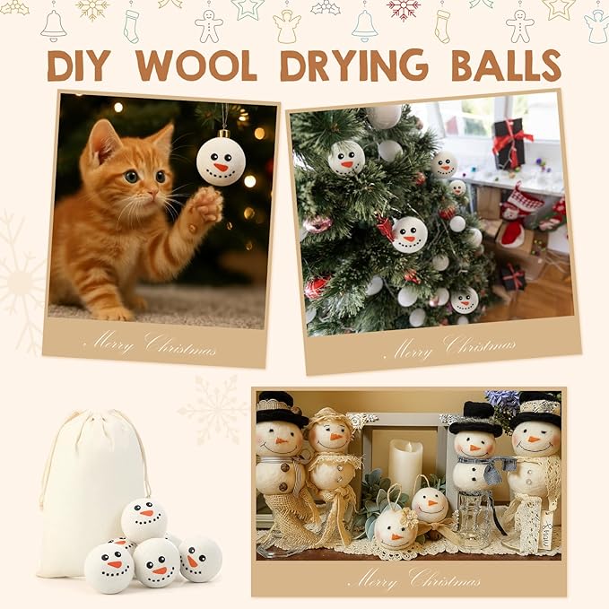 Jenaai 6 Pcs Wool Dryer Balls Bulk for Easter Laundry Basket Cute Organic XL Wool Dryer Laundry Balls Natural Soft Fabric Softener Anti Static Fabric Softener Alternative for Clothes(Snowman Face)