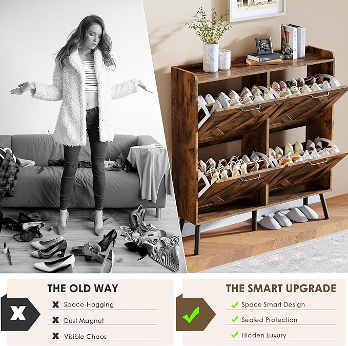 Nicetree Shoe Cabinet with 4 Flip Drawers, Freestanding Shoe Storage Cabinet with Metal Legs, Farmhouse Narrow Shoe Rack Cabinet for Entryway, Foyer, Hallway, Rustic Brown