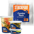 Stack Man [60-Sets] Plastic Deli Food Storage Containers with Airtight Lids Combo Set | 32 oz | 16 oz | 8 oz. | Disposable Plastic Takeout Containers for Soup - Freezer, Microwave and Dishwasher Safe