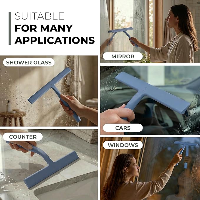 GÜTEWERK Silicone Shower Squeegee for Glass Doors & Mirrors with Stainless Steel Core, Streak-Free & No-Squeak Window Cleaning, 3-in-1 No-Drill Mount (Hook/Suction/Adhesive),Blue, 9 Inches