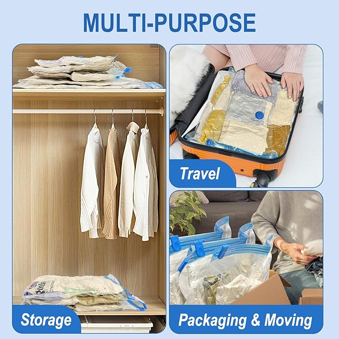 Fygrip Vacuum Storage Bags with Hand Pump, Plastic Packaging Bags, 80% Space Saver Vacuum Seal Bags for Clothing, Travel Lugggage, Blankets, Comforters, 10 Large