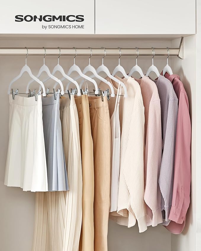 SONGMICS 20 Pack Pants Hangers, 16.7 Inches Long Velvet Trousers Hangers with Adjustable Clips, Heavy-Duty, Non-Slip, Space-Saving for Pants, Skirts, Coats, Dresses, Tank Tops, White UCRF012W20