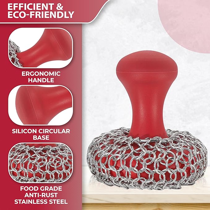 316L Chainmail Scrubber + Pan Scraper + Long Handles - 316 Cast Iron Cleaner - Skillet Cleaner - Chain Mail Scrubber for Cast Iron Pans