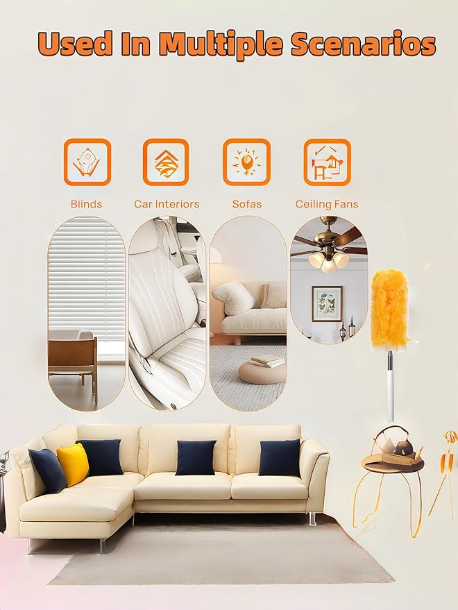 Heavy Duty Duster Refills, Disposable Dusters Kit for Cleaning Dusting Furniture Blind Ceiling Fan, Multi Surface 360 Feather Duster(10)+3FT Extended Handle（1） (Orange)