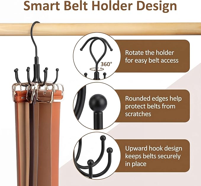 ZEDODIER 2 Pack Belt Organizer for Closet, Heavy-Duty Rotating Belt Hanger Rack Holds up to 48 Belts, Hanging Space Saving Metal Belt Holder for Closet Storage, Black