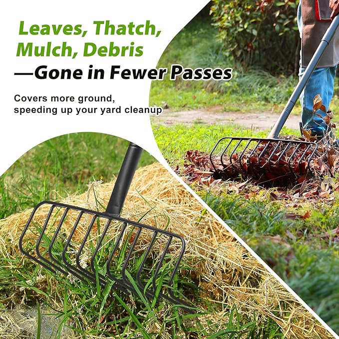 Garden Rake, Heavy Duty Rake with 11 Tines, 51 Inch Handle, 16 Inch Wide, Metal Garden Thatch Leaf Rakes for Raking Gathering Mulch,Metal Thatch Rakes for Lawn Yard Bushes Pine Needles Leaves Grass