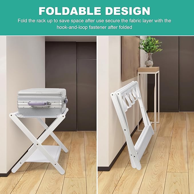 VASMIA Luggage Rack, Folding Suitcase Stand with Storage Shelf,Bamboo Luggage Stand for Guest Room,Bedroon and Hotel,Holds up to 131 lb,Fit Most Luggage Size,White
