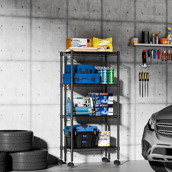 DUMOS 2 Pack 3Tier 4Tier Metal Shelving, Heavy Duty Shelves Wire Shelving Unit with Removable Wheel Casters, Shelves Organizer for Bathroom Garage Living Room Kitchen Pantry Laundry