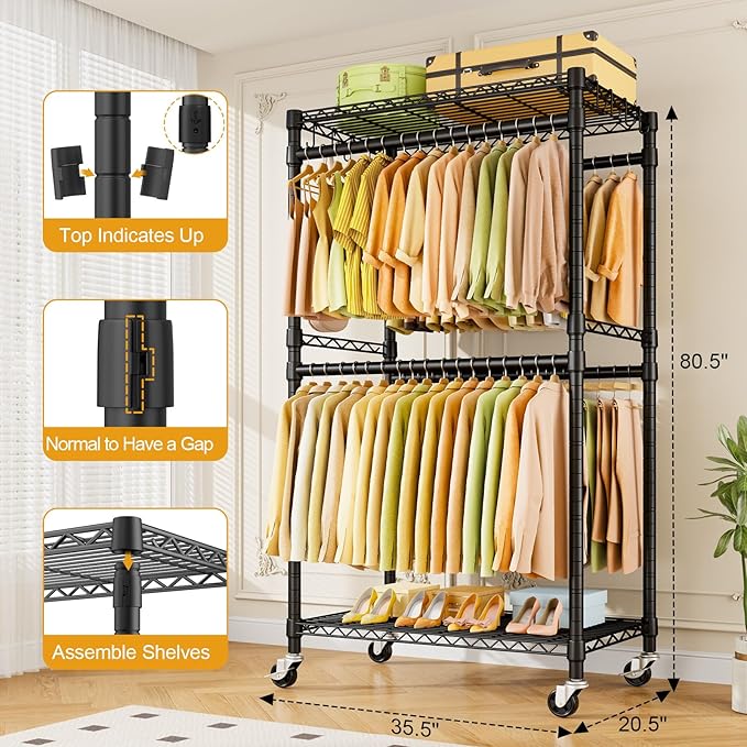 ULIFHOME P4 Rolling Clothes Rack Heavy Duty, Clothing Racks for Hanging Clothes, Freestanding Garment Racks with Wheels, Metal Portable Closet Rack 35.5''W × 20.5''D × 80.5''H, Max Load 560Lbs, Black