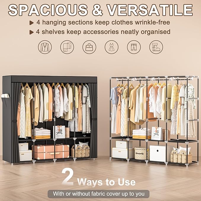 Neatrays Wardrobe Closet, 66 Inch Portable Closet for Hanging Clothes, Large Capacity Clothes Rack Organizer with Cover & 4 Hanging Rods & 8 Storage Shelves & 2 Side Pockets (Black)