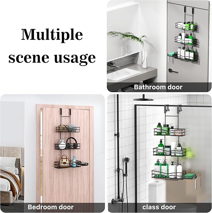 DAOYA Over the Door Shower Caddy Hanging, 3 Tier Adjustable Shower Organizer with Soap Holder, Rustproof Bathroom Shelves Hanging on the Bathroom Glass Door, Matte Black