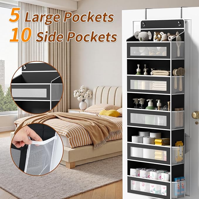 Over The Door Organizer with 5 Large Pockets, Over the Door Storage 10 Side Pockets 44 lb Load Behind Door Storage, Door Organizer Hanging Shelf for Closet Wall Bedroom Bathroom Nursery, 5-Tier Black