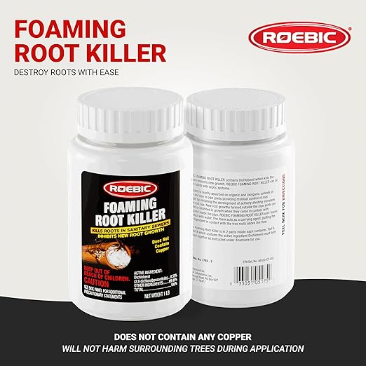 Roebic FRK Foaming Tree Root Killer, Chemical Septic System, Drain Field and Sewer Line Pipe Clog Remover and Root Destroyer, Safe for Bathroom Toilet, White Granules, 1 lb