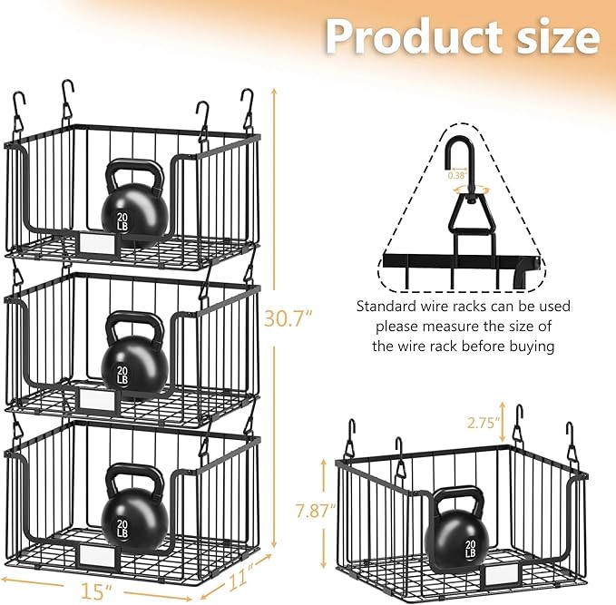 3-Pack Hanging Laundry Organizer, Stackable Wire Shelf Storage with Label Cards, Foldable Metal Baskets with 360 Rotating Hooks, Space-Saving for Laundry Room, Closet & Pantry, 11"15" Large, Black