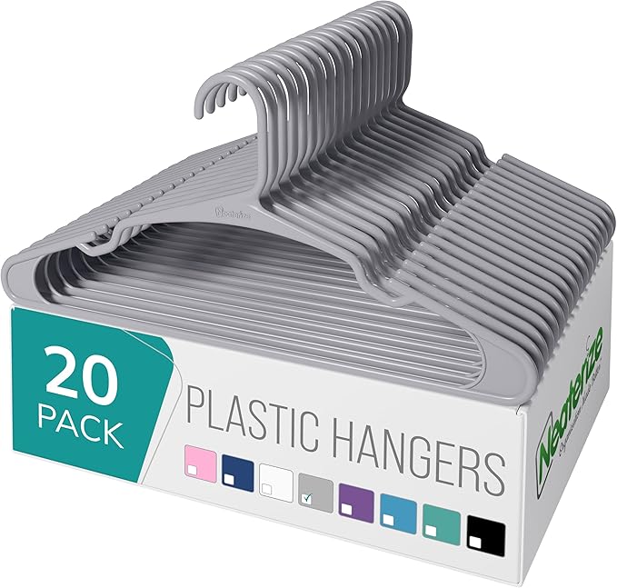 NEATERIZE Clothes Hangers Plastic 20 Pack for Adults - Plastic Hangers, The Perfect Coat Hanger and Space Saving Clothes Hangers for Closet, Percheros Ganchos para Colgar Ropa Hangars - Grey Hangers